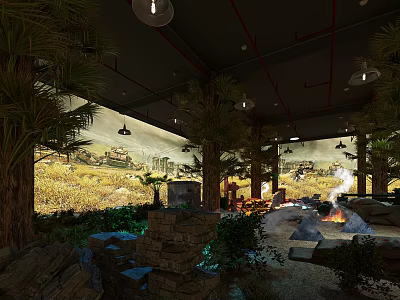 Indoor Themed Space Featuring Palm Trees Desert Mural Stone Structures Bonfire And Greenery 3d model