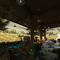 Indoor Themed Space Featuring Palm Trees Desert Mural Stone Structures Bonfire And Greenery