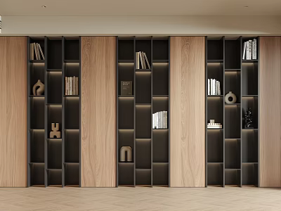 Modern Wooden Bookshelf With Multiple Shelves Holding Books And Decorative Items 3d model