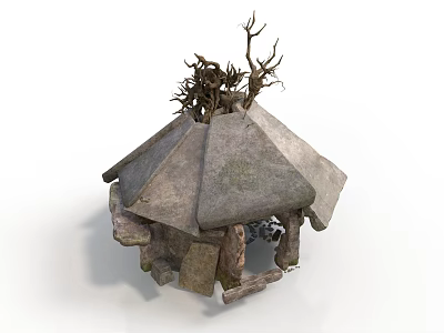 Stone Shelter Structure With Sloped Roof And Wooden Branches On Top 3d model