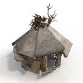 Stone Shelter Structure With Sloped Roof And Wooden Branches On Top