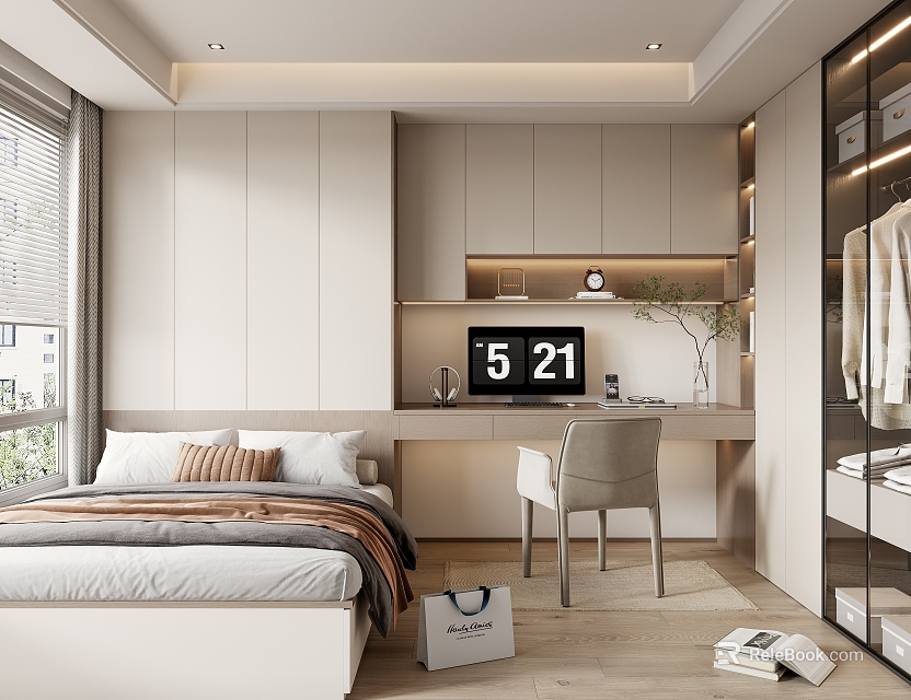 Modern Tatami Bedroom Interior Design With Bed Desk Chair And Storage 3d model 