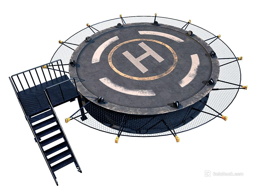 Circular Trampoline With Metal Frame Safety Net And Black Stairs 3d model 