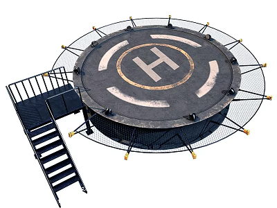 Circular Trampoline With Metal Frame Safety Net And Black Stairs 3d model