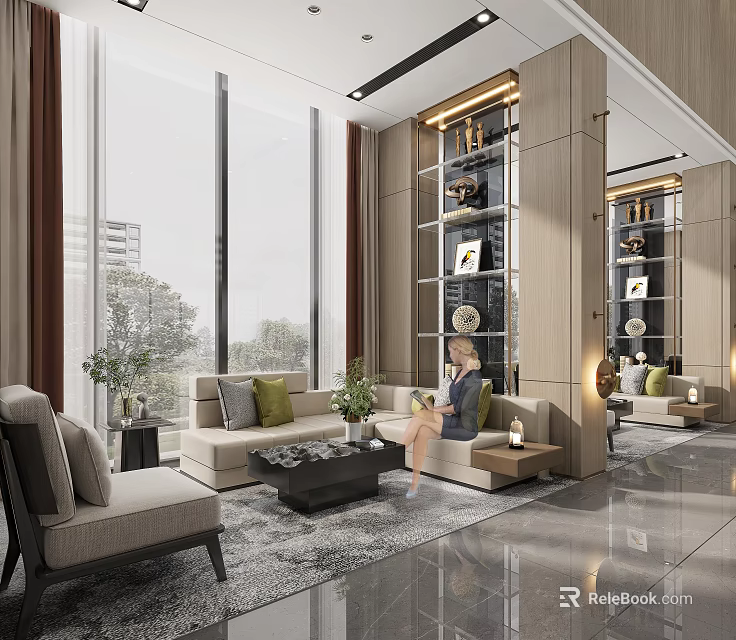 Modern Leisure Area Interior With Sofa Armchair Coffee Table And Floor To Ceiling Windows 3d model 