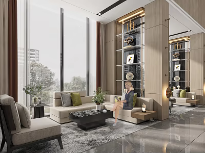 Modern Leisure Area Interior With Sofa Armchair Coffee Table And Floor To Ceiling Windows 3d model
