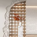 Modern Wooden Lattice Partition with Red Leaves Decoration and White Brick Wall