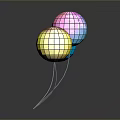 Blue Pink Yellow Disco Balls With Reflective Surface Connected By White Strings On Dark Background