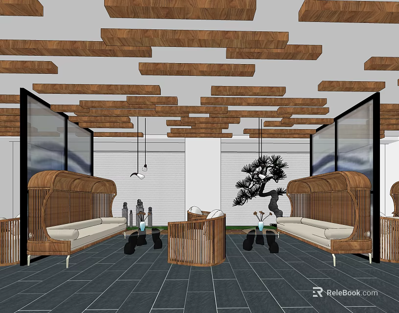 Cozy Leisure Area Interior With Wooden Ceiling Sofas Screens And Potted Plant 3d model 