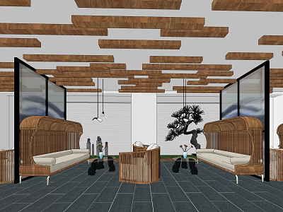 Cozy Leisure Area Interior With Wooden Ceiling Sofas Screens And Potted Plant 3d model