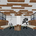 Cozy Leisure Area Interior With Wooden Ceiling Sofas Screens And Potted Plant