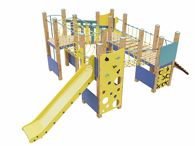 Outdoor Kids Playground Equipment with Slide Climbing Net Wooden Structure and Yellow Blue Panels 3d model