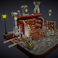 Cartoon Small Shop Scene With Stone Path Street Lamps Hanging Lanterns And Shelf Items
