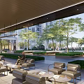 Outdoor Pergola with Comfortable Leather Seating Greenery and Building Background for Relaxation