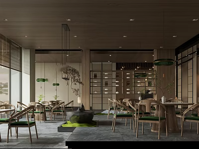 Traditional Restaurant Interior With Wooden Ceiling Hanging Lights Screens And Green Plants 3d model
