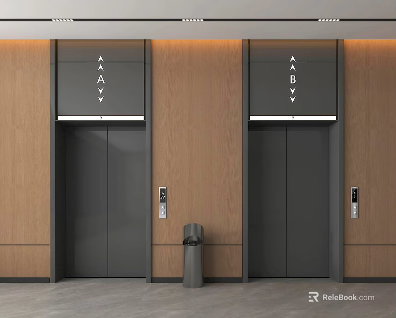 Modern Elevator Hallway With Two Dark Doors Up Down Arrows Wooden Walls Gray Floor And Trashcan 3d model