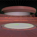 Cartoon Scene of Pink Circular Space With Circular Platform Red Glowing Lines and Geometric Shapes