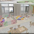 Kindergarten Classroom with Colorful Fences Wooden Tables Chairs Green Ceiling and Large Windows