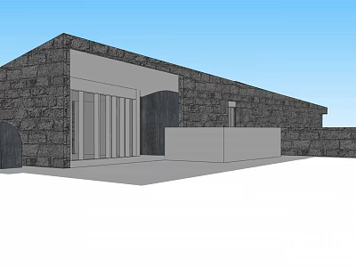 Modern Stone Building Exterior With Glass Door Entrance And Low Structure Under Blue Sky 3d model