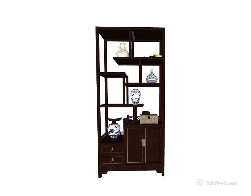 Dark Wood Storage Shelf Cabinet With Multiple Shelves Drawers And Decorative Vases 3d model 