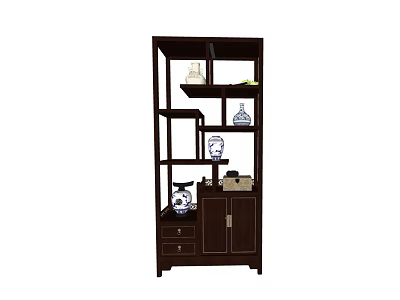 Dark Wood Storage Shelf Cabinet With Multiple Shelves Drawers And Decorative Vases 3d model