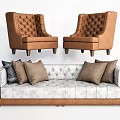 Light Colored Upholstered Sofa Set With Decorative Pillows And Brown Tufted Armchairs 3d model