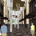 Modern Commercial Street With Tree Lined Walkways Shop Fronts And Pedestrian Activity