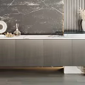 Modern Gray TV Stand With Marble Top And Decorative Vase On Textured Wall