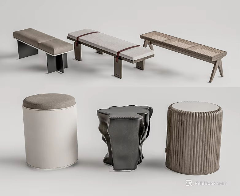 Modern Stools And Benches With Various Styles Upholstered Wooden And Leather Finishes 3d model 