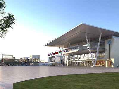 Modern Large Office Building With Glass Curtain Wall Plaza Flags And Lawn 3d model
