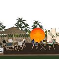 Outdoor Photo Check In Spot With Straw Umbrella Round Moon Palm Trees And Wooden Deck