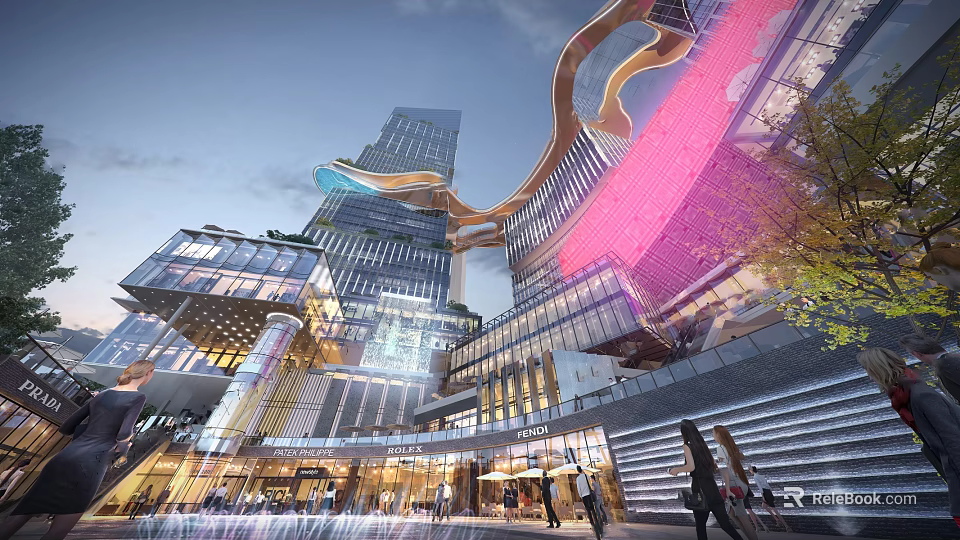 Stylish Modern Commercial Complex With Glass Facades Illuminated Structures And Pedestrian Areas 3d model 