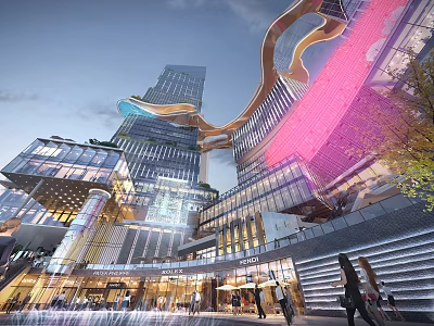 Stylish Modern Commercial Complex With Glass Facades Illuminated Structures And Pedestrian Areas 3d model