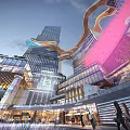 Stylish Modern Commercial Complex With Glass Facades Illuminated Structures And Pedestrian Areas