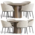 Modern Round Wooden Dining Table With Beige Upholstered Chairs And Black Metal Legs