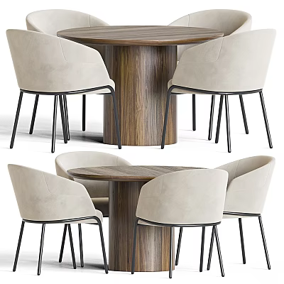 Modern Round Wooden Dining Table With Beige Upholstered Chairs And Black Metal Legs 3d model