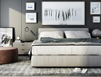 Modern Bedroom Double Bed With Grey Wall Framed Artworks Bedside Table Lamp And Soft Carpet 3d model