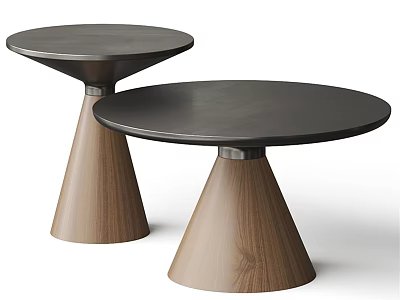 Two Modern Round Coffee Tables With Dark Tabletop And Conical Walnut Wooden Base 3d model