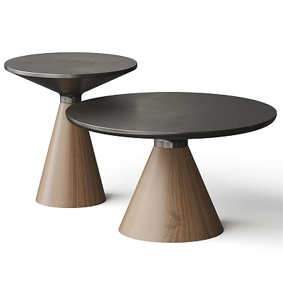 Two Modern Round Coffee Tables With Dark Tabletop And Conical Walnut Wooden Base 3d model