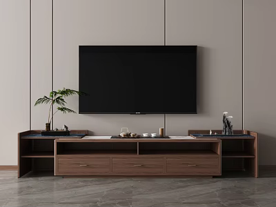 Modern Minimalist Wooden TV Stand with Drawers Open Shelves Decorative Items and Potted Plant 3d model