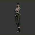 Short Hair Female Game Character In Green Military Outfit With Arms Crossed And Waist Gear