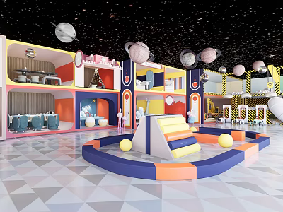 Colorful Playroom Interior Design With Slide Ball Pit And Planet Decor 3d model