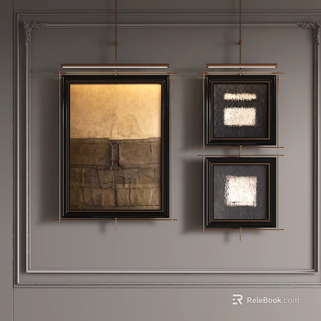 Framed Abstract Paintings On Gray Wall With Textured Surfaces And Neutral Tones 3d model 