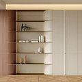 Modern Entryway Side Cabinet With Open Shelves Wooden Panels And Decor Items