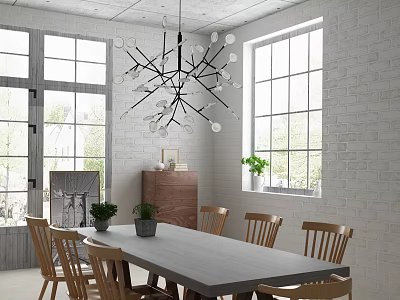 Modern Dining Table Set With Wooden Chairs Grey Tabletop White Brick Wall And Large Windows 3d model