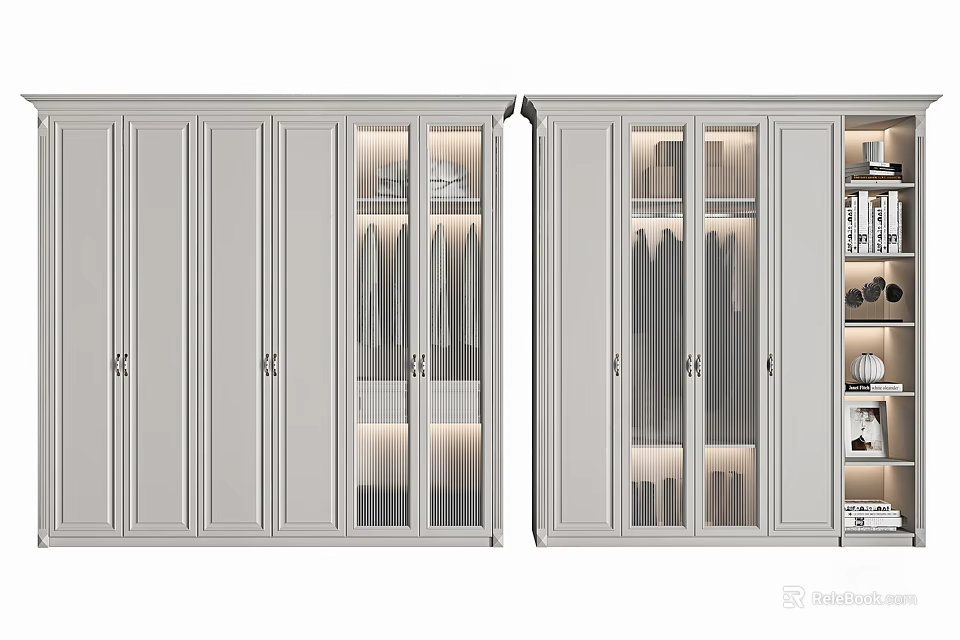 Modern Light Grey Wardrobe With Glass Panel Doors Hanging Rails And Storage Shelves 3d model 