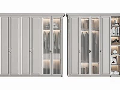 Modern Light Grey Wardrobe With Glass Panel Doors Hanging Rails And Storage Shelves 3d model