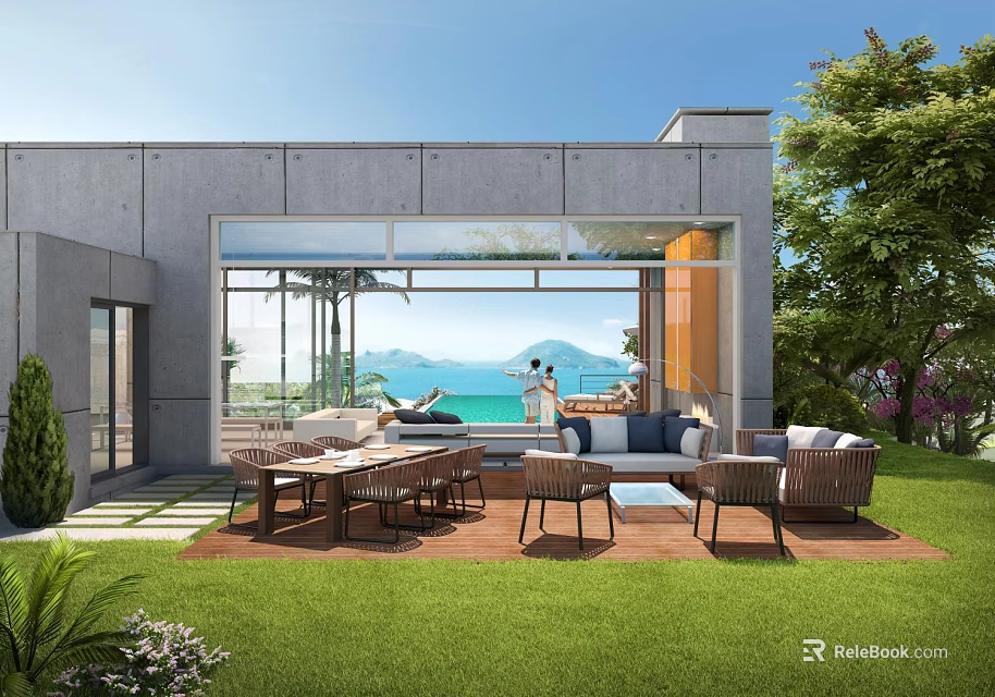 Modern Living Dining Room With Large Glass Doors Connecting Outdoor Lawn Patio And Sea View 3d model 