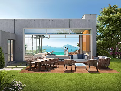 Modern Living Dining Room With Large Glass Doors Connecting Outdoor Lawn Patio And Sea View 3d model