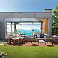 Modern Living Dining Room With Large Glass Doors Connecting Outdoor Lawn Patio And Sea View